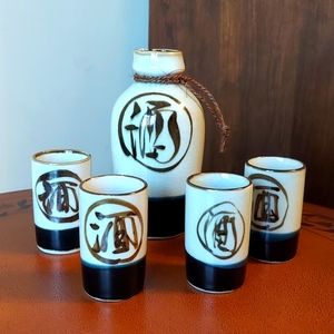 Five piece glazed ceramic Sake Serving Set, white/brown with blue accent